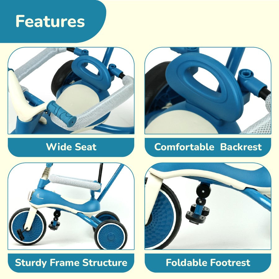 Tiny Toes Karizma - Luxury 3-in-1 Smart Tricycle for Kids 2 to 5 Years with Music & Canopy - Blue Grey