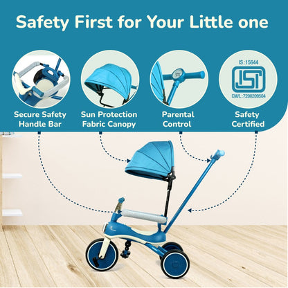 Tiny Toes Karizma - Luxury 3-in-1 Smart Tricycle for Kids 2 to 5 Years with Music & Canopy - Blue Grey