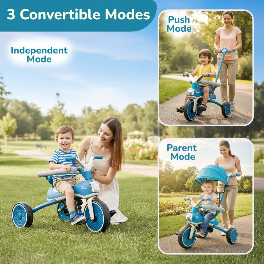 Tiny Toes Karizma - Luxury 3-in-1 Smart Tricycle for Kids 2 to 5 Years with Music & Canopy - Blue Grey