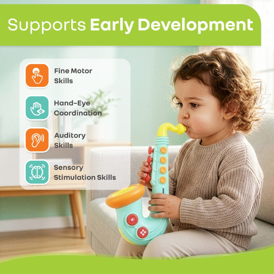Orapple Funtunes Saxophone Musical Toy for Kids with Lights, 4 Play Modes, Built-in Melodies, Smart Auto Shut-Off & BIS Certified Safety (12+ Months) - Blue Multi