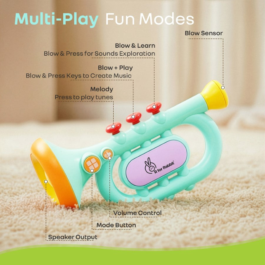 Orapple Funtunes Trumpet BIS Certified Kids Musical Toy with Non-Toxic ABS Material, Multi-Mode Play & Safe Rounded Edges - Blue Multi