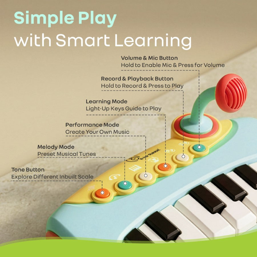 Orapple Funtunes Piano Musical Toy for Kids with Lights, Record & Play Function, 5-Level Volume Control & BIS Certified Safety (12+ Months) - Blue Multi