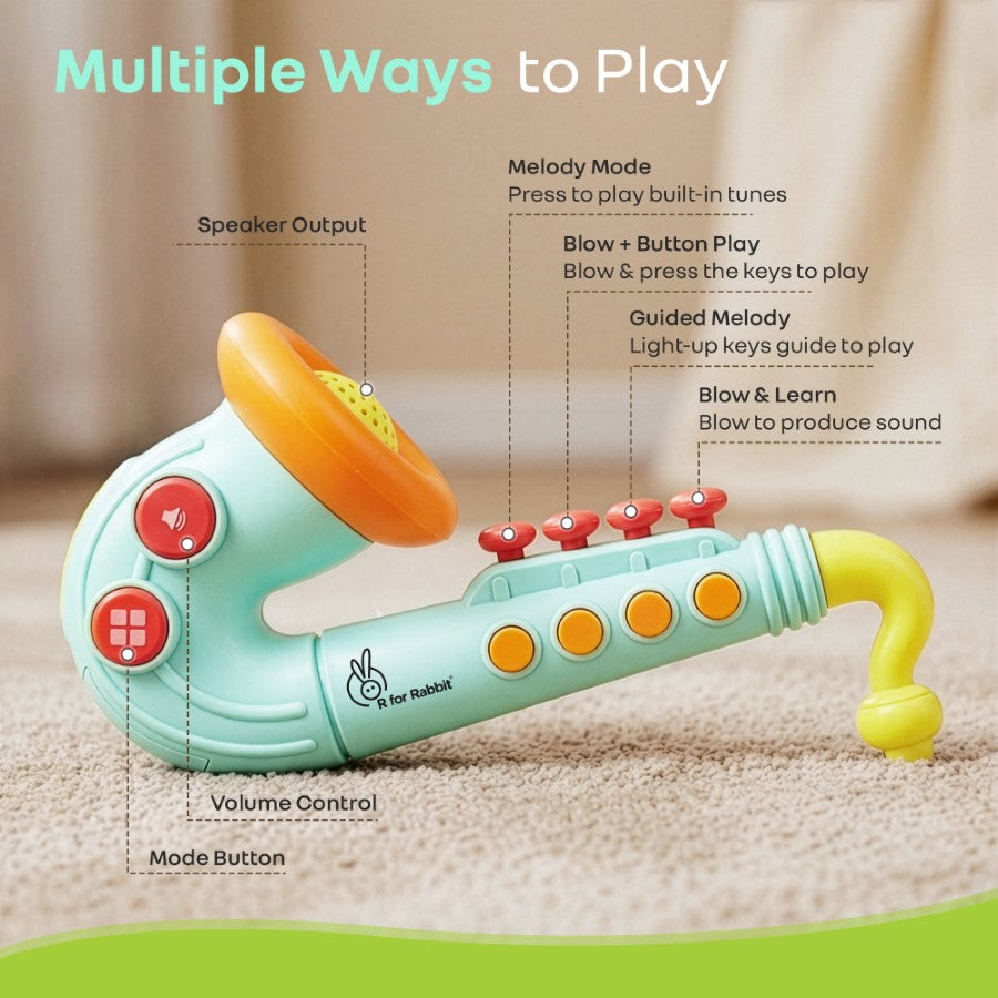 Orapple Funtunes Saxophone Musical Toy for Kids with Lights, 4 Play Modes, Built-in Melodies, Smart Auto Shut-Off & BIS Certified Safety (12+ Months) - Blue Multi
