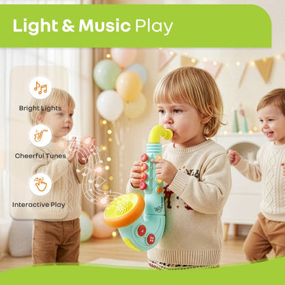 Orapple Funtunes Saxophone Musical Toy for Kids with Lights, 4 Play Modes, Built-in Melodies, Smart Auto Shut-Off & BIS Certified Safety (12+ Months) - Blue Multi