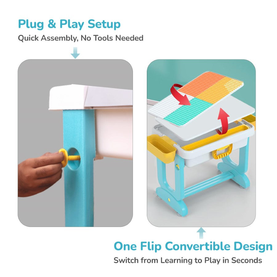 Little Genius Learner Study Table Set for Kids 4-in-1 Multifunctional Study Table With Portable, Safe & Smart Design - Blue Multi
