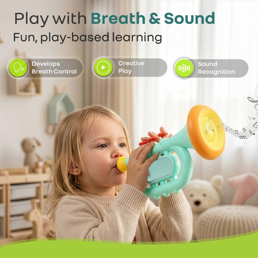 Orapple Funtunes Trumpet BIS Certified Kids Musical Toy with Non-Toxic ABS Material, Multi-Mode Play & Safe Rounded Edges - Blue Multi
