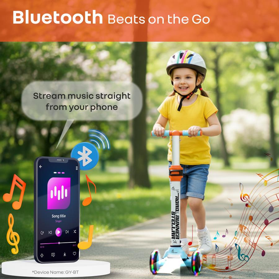 Road Runner Stellar - LED Scooter for Kids with Bluetooth Music, Adjustable Height & Smooth Ride - Blue Orange