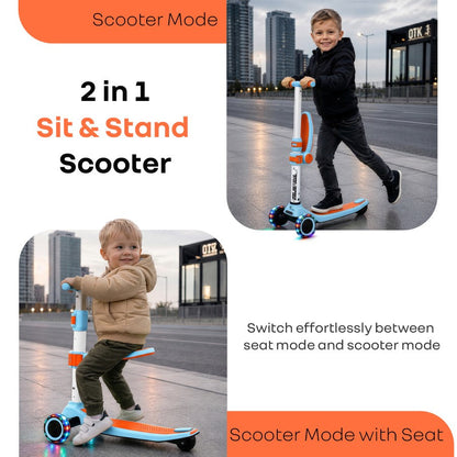 Road Runner Stellar Duo 2 in 1 Kick Scooter with Removable Seat - Adjustable Height - Colourful LED Lights - ABEC 7 Bearings - BIS Certified Kids Scooter - Age 3+ Years - Blue Orange