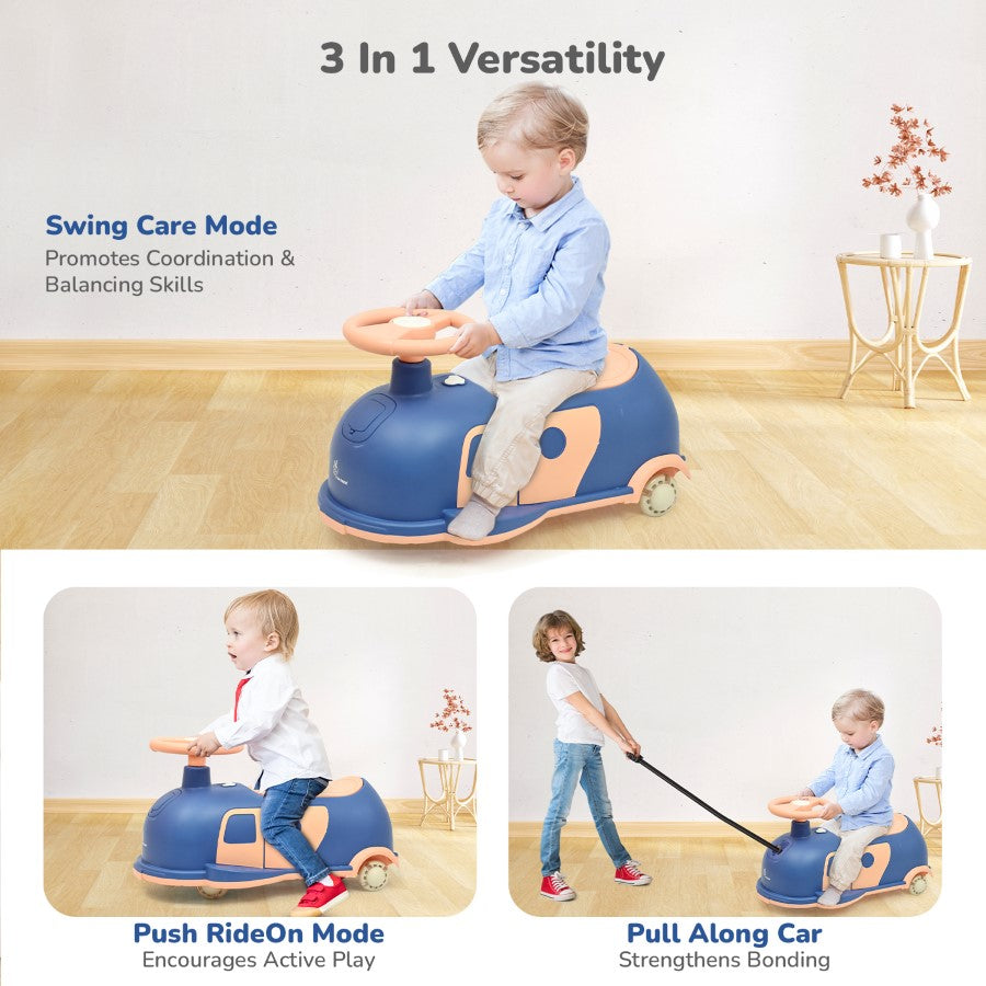 Iya Iya Caravan Swing car – 3-in-1 Multipurpose Ride-On with PU LED Wheels - Blue Peach