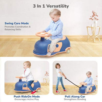 Iya Iya Caravan Swing car – 3-in-1 Multipurpose Ride-On with PU LED Wheels - Blue Peach