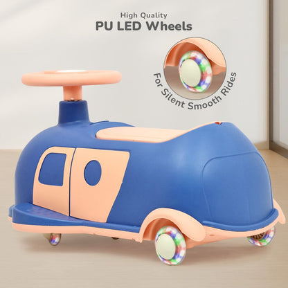 Iya Iya Caravan Swing car – 3-in-1 Multipurpose Ride-On with PU LED Wheels - Blue Peach