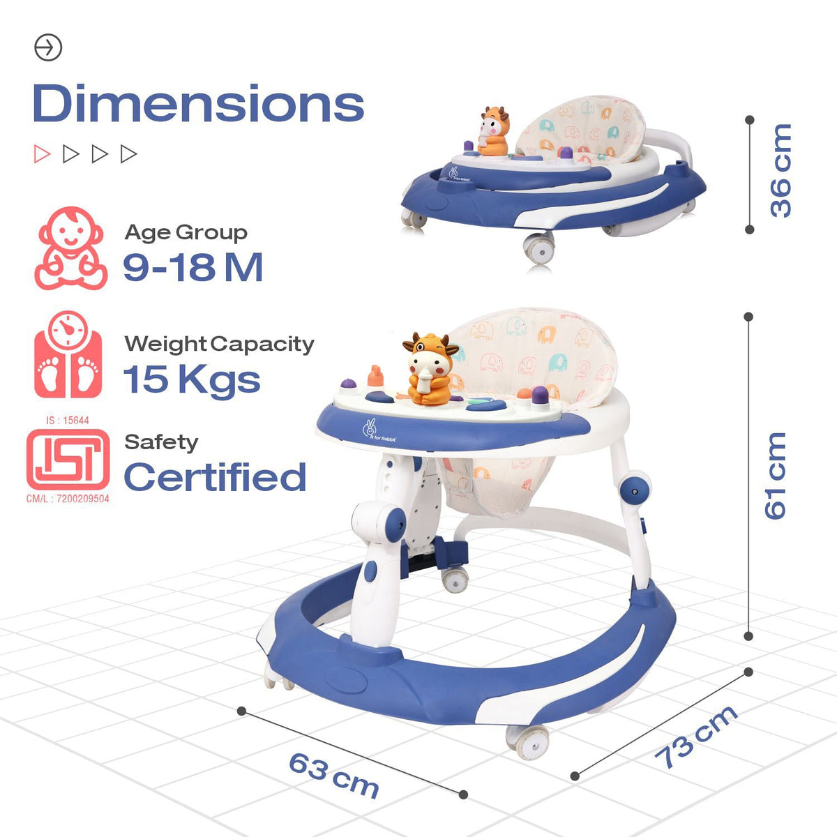 Little Feet Plus Walker - Detachable Toy Bar With Music & Light - Blue White