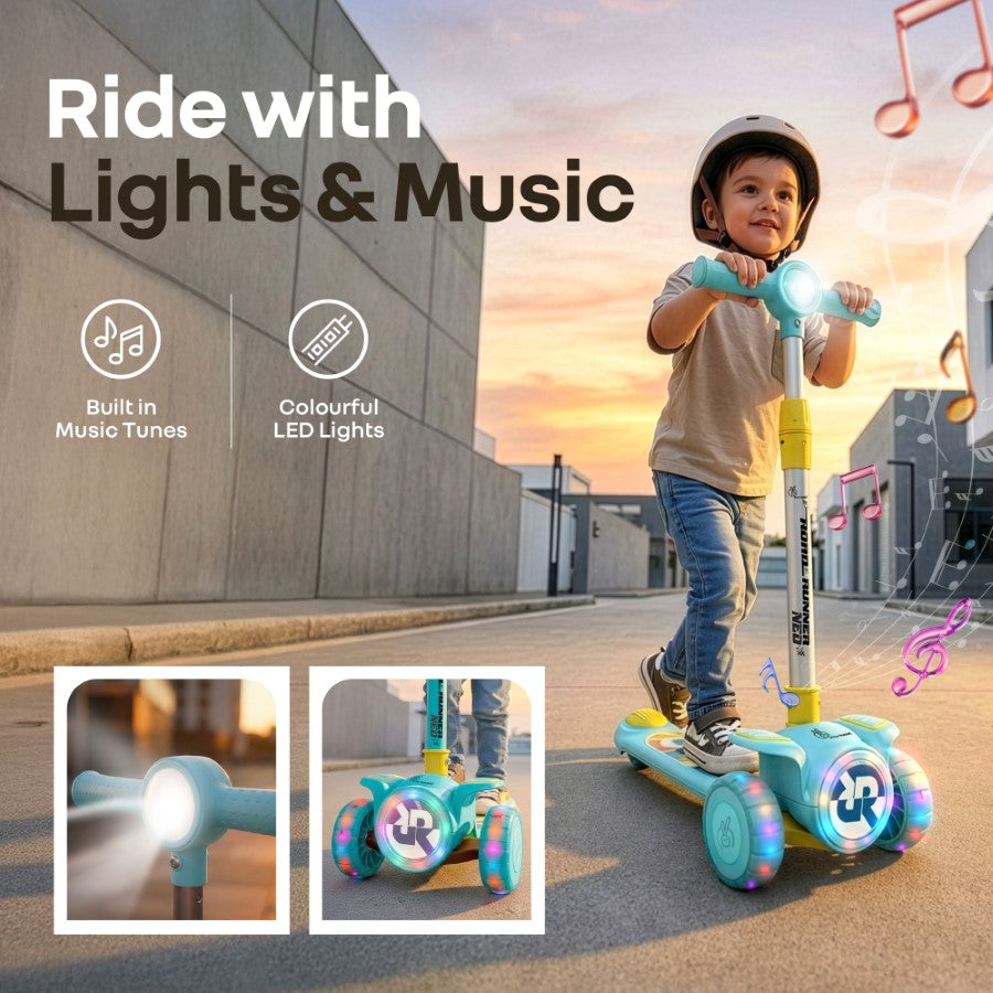 Road Runner Neo Kids Scooter with LED PU Wheels, Music, Gravity Steering, 4-Level Height Adjustment & BIS Certified Safety (3+ Years) - Blue Yellow