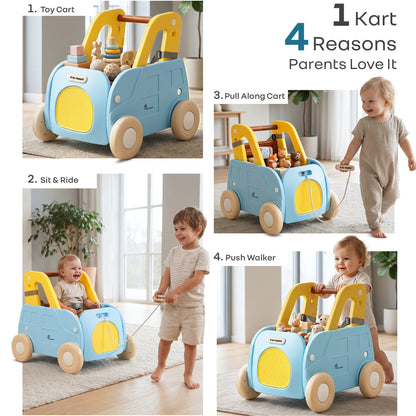 Kiddie Kart 4 in 1 Kids Toy Storage Cart, Sit & Ride, Push Walker & Pull Along, Adjustable Dual Height Handlebar, Quick Plug & Play, Age 0–3 Years – Blue Yellow