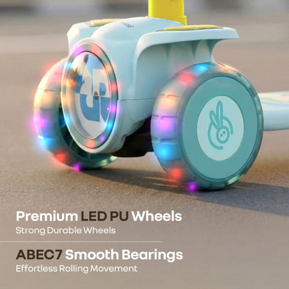 Road Runner Neo Kids Scooter with LED PU Wheels, Music, Gravity Steering, 4-Level Height Adjustment & BIS Certified Safety (3+ Years) - Blue Yellow