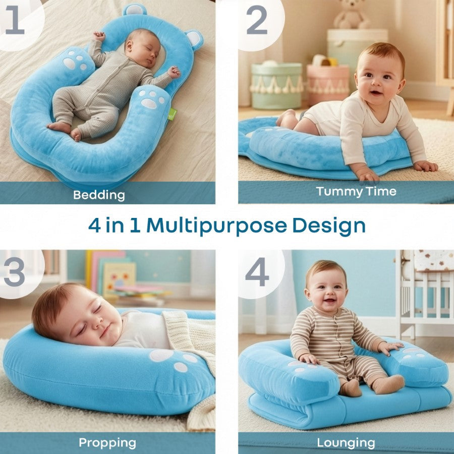 Snuggy Teddy Baby Lounger Nest - 4 in 1 Multipurpose Baby Bedding with Head Support Pillow, Plush Fabric, U-Shaped Cushion Design & Travel Friendly Baby Nest (0+ Months) - Blue