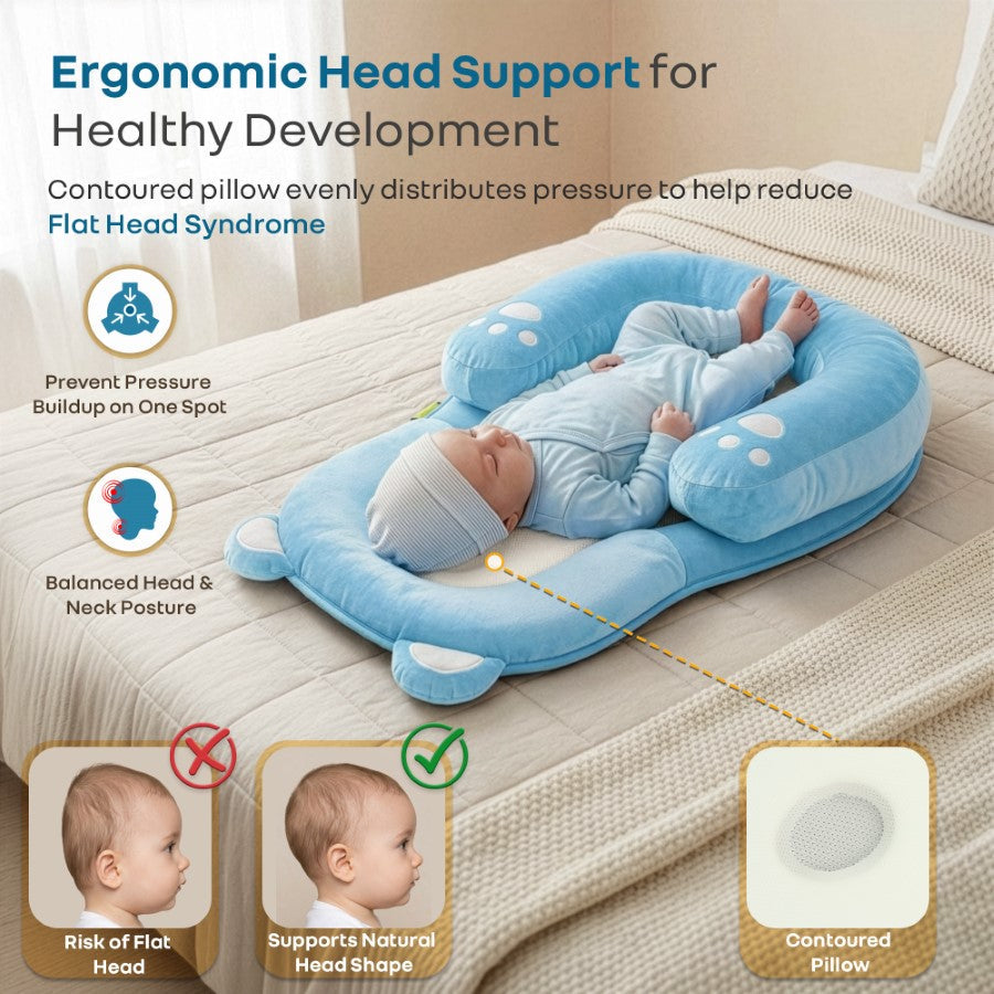 Snuggy Teddy Baby Lounger Nest - 4 in 1 Multipurpose Baby Bedding with Head Support Pillow, Plush Fabric, U-Shaped Cushion Design & Travel Friendly Baby Nest (0+ Months) - Blue