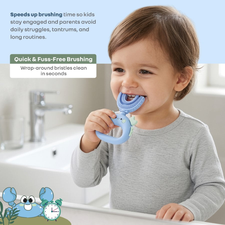 Tiny Smiles U Brush for Kids 2-5 Years, 360° U Shape Cleaning, Ultra Soft Silicone Bristles - Blue