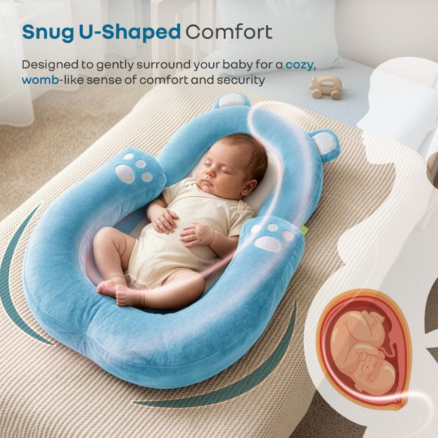 Snuggy Teddy Baby Lounger Nest - 4 in 1 Multipurpose Baby Bedding with Head Support Pillow, Plush Fabric, U-Shaped Cushion Design & Travel Friendly Baby Nest (0+ Months) - Blue