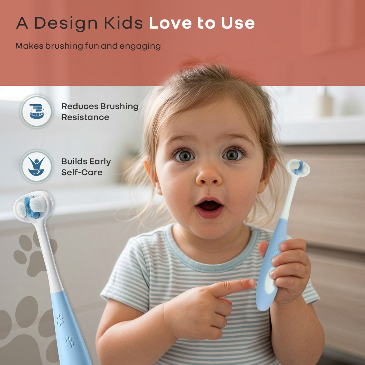 Tiny Smiles Poppins Kids Toothbrush, 3-Sided 360° Cleaning Brush, Ultra-Soft PBT Bristles - Blue