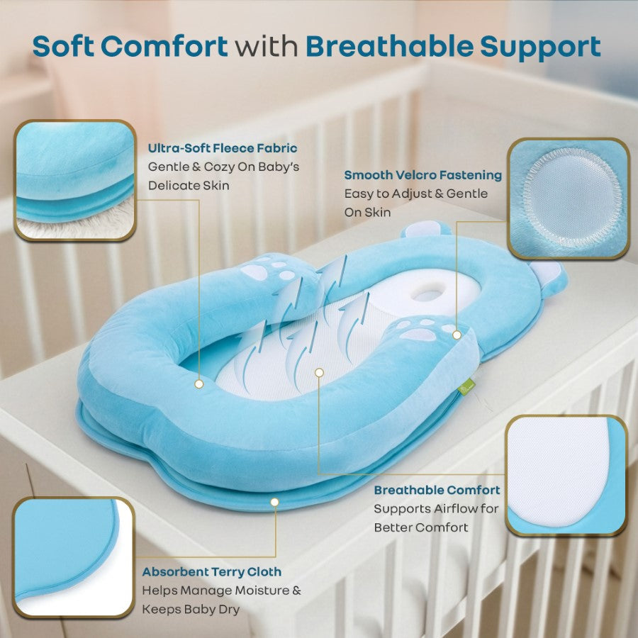 Snuggy Teddy Baby Lounger Nest - 4 in 1 Multipurpose Baby Bedding with Head Support Pillow, Plush Fabric, U-Shaped Cushion Design & Travel Friendly Baby Nest (0+ Months) - Blue