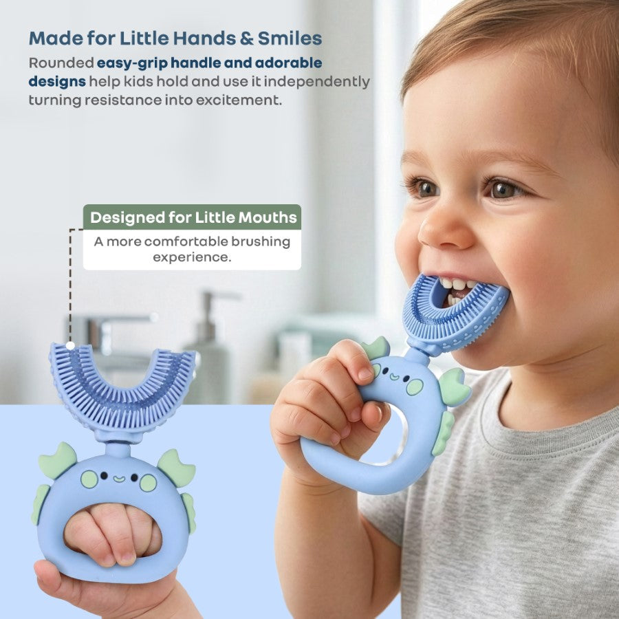 Tiny Smiles U Brush for Kids 2-5 Years, 360° U Shape Cleaning, Ultra Soft Silicone Bristles - Blue