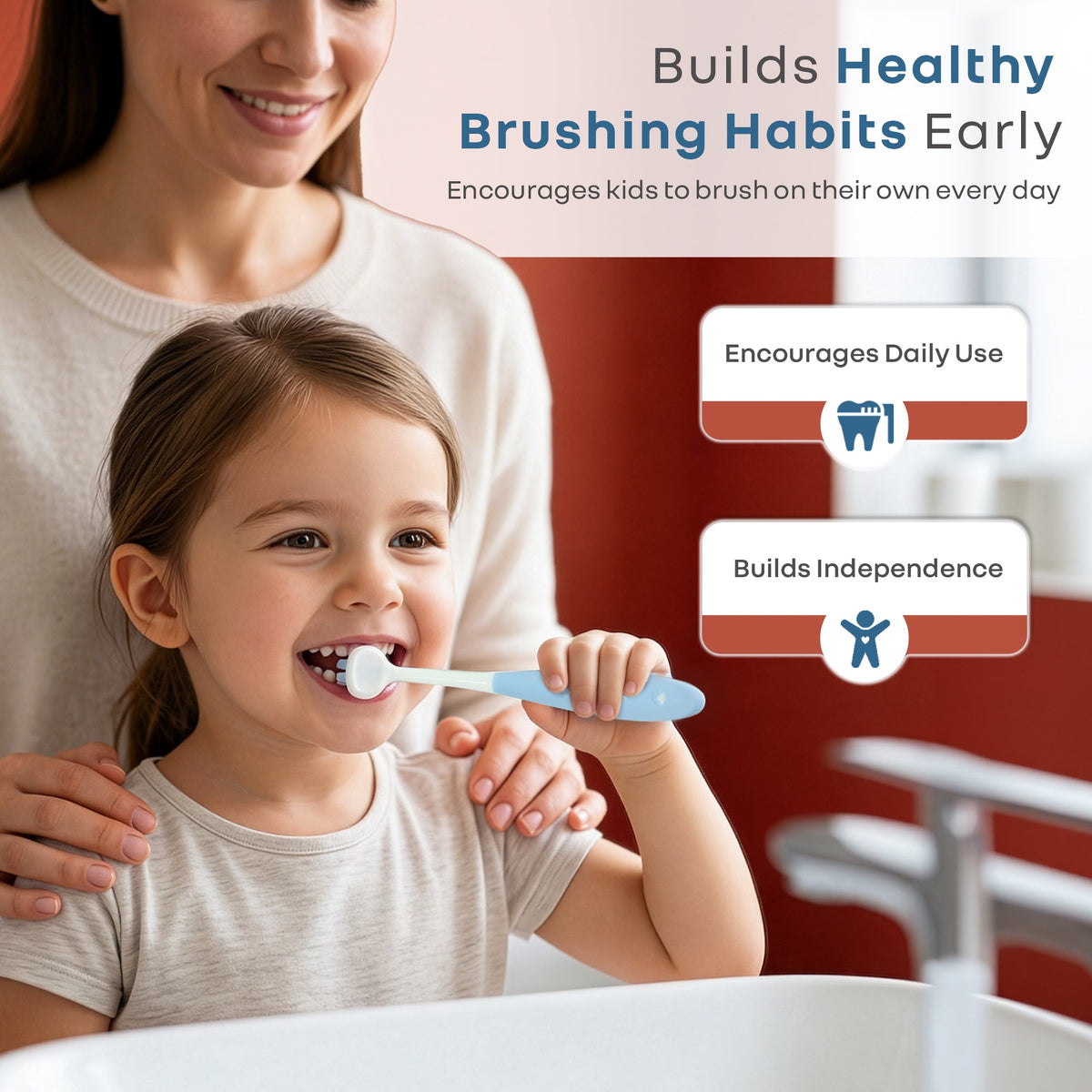 Tiny Smiles Poppins Kids Toothbrush, 3-Sided 360° Cleaning Brush, Ultra-Soft PBT Bristles - Blue