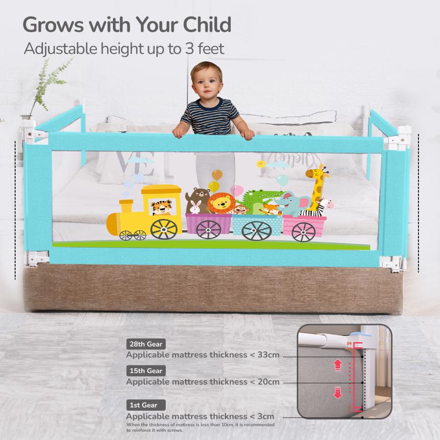 Safari Bed Rail for Baby With Adjustable Height, Mesh & Storage Pocket - Blue