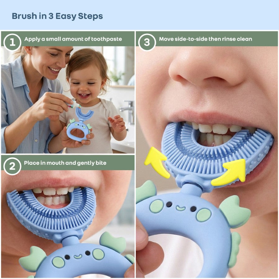 Tiny Smiles U Brush for Kids 2-5 Years, 360° U Shape Cleaning, Ultra Soft Silicone Bristles - Blue