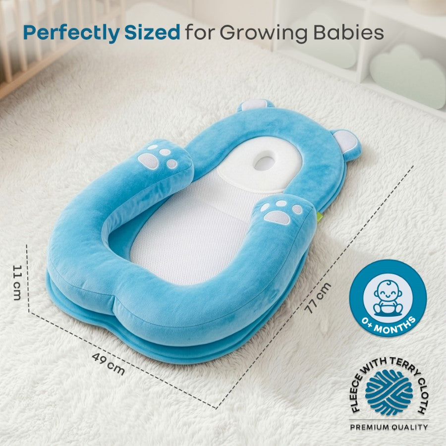 Snuggy Teddy Baby Lounger Nest - 4 in 1 Multipurpose Baby Bedding with Head Support Pillow, Plush Fabric, U-Shaped Cushion Design & Travel Friendly Baby Nest (0+ Months) - Blue