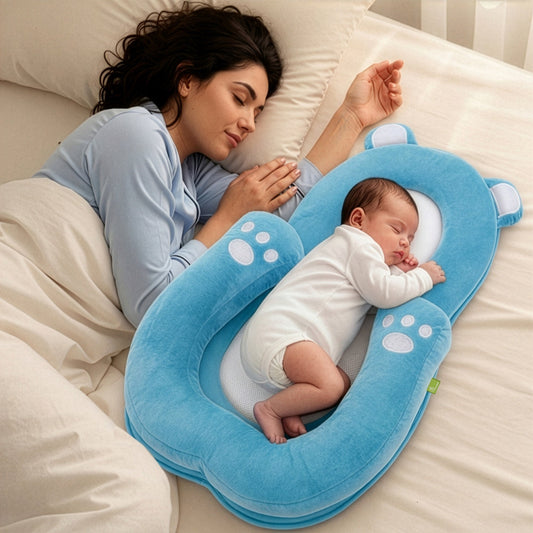 Snuggy Teddy Baby Lounger Nest - 4 in 1 Multipurpose Baby Bedding with Head Support Pillow, Plush Fabric, U-Shaped Cushion Design & Travel Friendly Baby Nest (0+ Months) - Blue