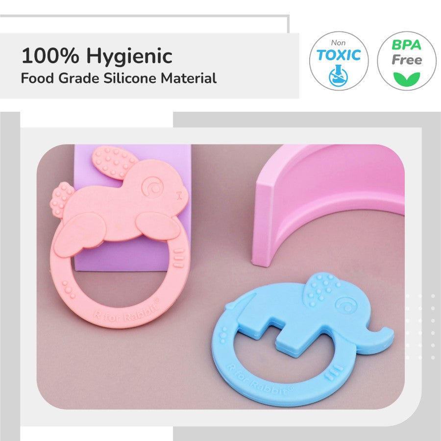Tiny Bites Zoobie Baby Silicone Teethers Pack of 2 Elephant and Rabbit, Crocodile and Rabbit - Blue-Pink