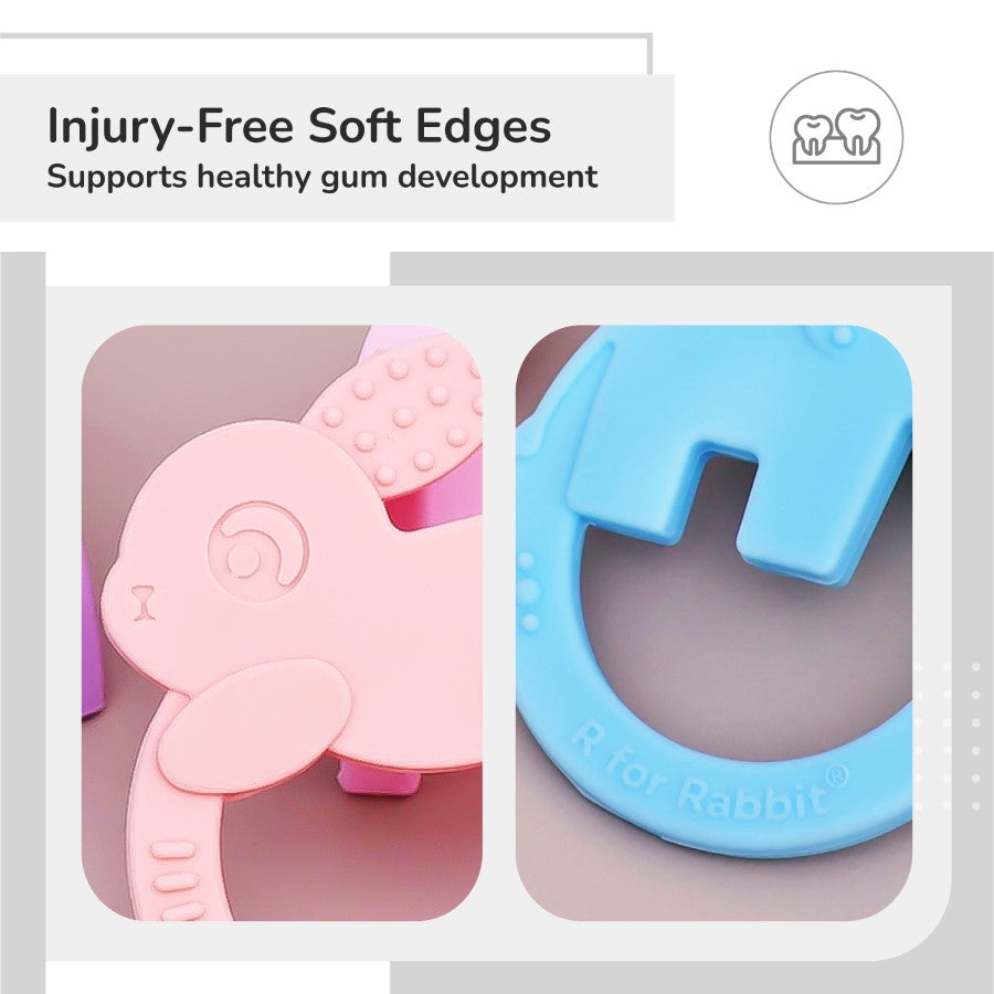Tiny Bites Zoobie Baby Silicone Teethers Pack of 2 Elephant and Rabbit, Crocodile and Rabbit - Blue-Pink