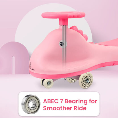 Iya Iya Dino Swing Car For Kids - Inbuilt Music With Light, PU LED Wheels, ABEC 7 Bearing, Up to 100 Kgs Capacity - Blush Pink