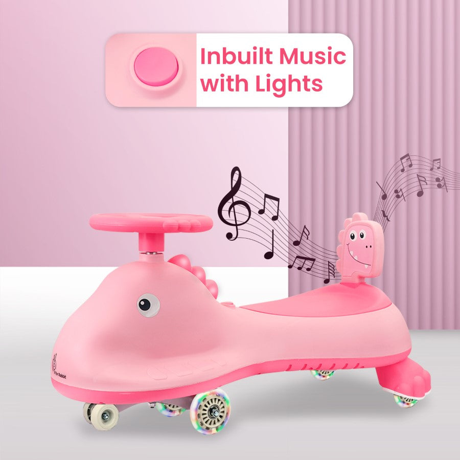 Iya Iya Dino Swing Car For Kids - Inbuilt Music With Light, PU LED Wheels, ABEC 7 Bearing, Up to 100 Kgs Capacity - Blush Pink