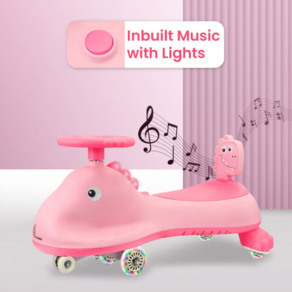 Iya Iya Dino Swing Car For Kids - Inbuilt Music With Light, PU LED Wheels, ABEC 7 Bearing, Up to 100 Kgs Capacity - Blush Pink