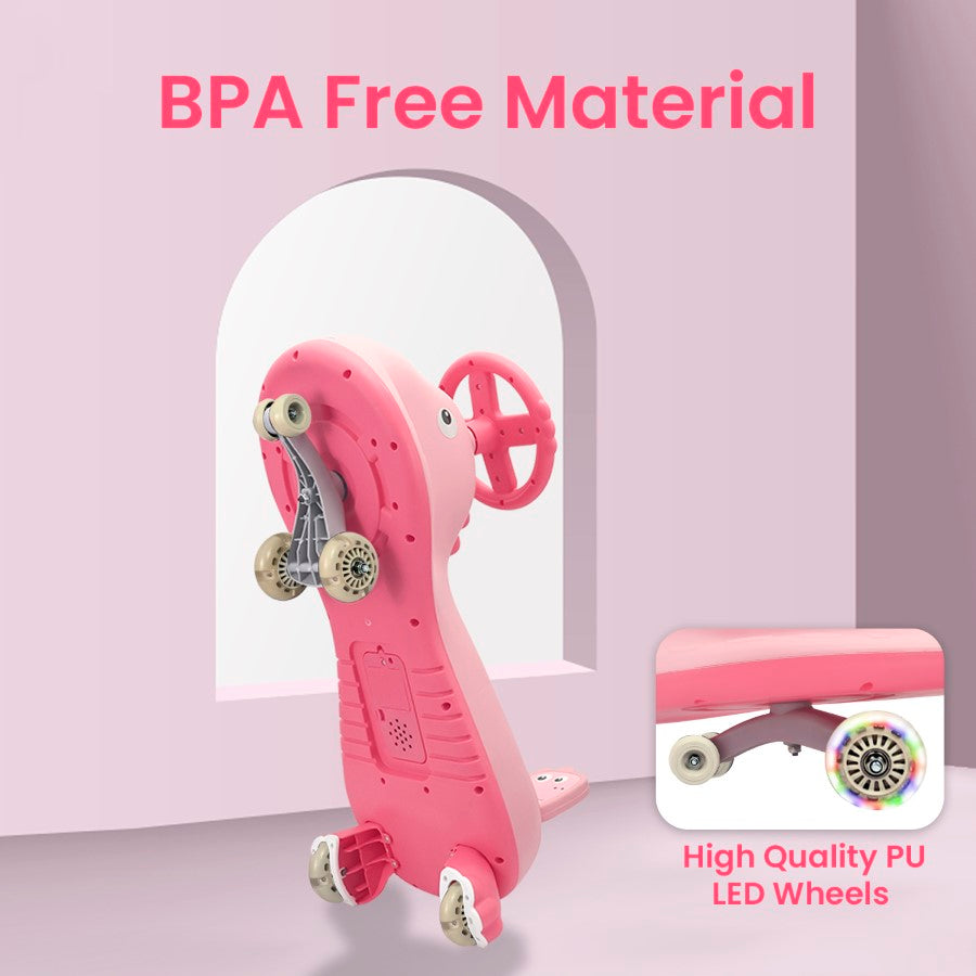 Iya Iya Dino Swing Car For Kids - Inbuilt Music With Light, PU LED Wheels, ABEC 7 Bearing, Up to 100 Kgs Capacity - Blush Pink