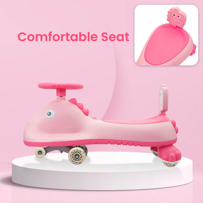 Iya Iya Dino Swing Car For Kids - Inbuilt Music With Light, PU LED Wheels, ABEC 7 Bearing, Up to 100 Kgs Capacity - Blush Pink