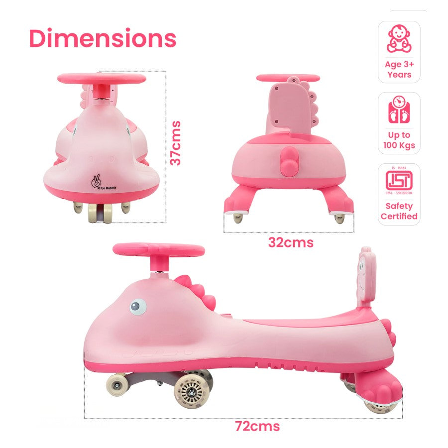 Iya Iya Dino Swing Car For Kids - Inbuilt Music With Light, PU LED Wheels, ABEC 7 Bearing, Up to 100 Kgs Capacity - Blush Pink