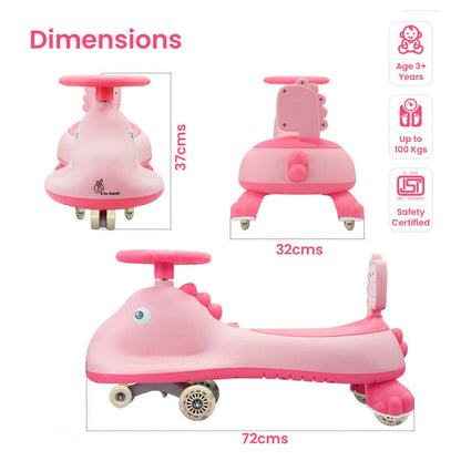 Iya Iya Dino Swing Car For Kids - Inbuilt Music With Light, PU LED Wheels, ABEC 7 Bearing, Up to 100 Kgs Capacity - Blush Pink