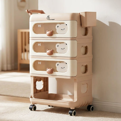 Kiddo Korner Bear Baby Storage Organizer with 3 Drawers, Open Storage, 360° Wheels & Detachable Basket - Brown Cream