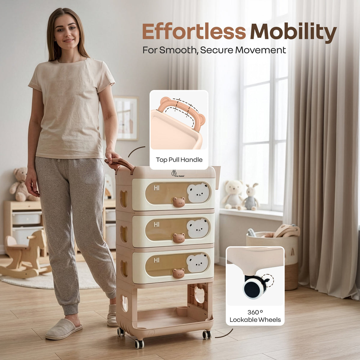Kiddo Korner Bear Baby Storage Organizer with 3 Drawers, Open Storage, 360° Wheels & Detachable Basket - Brown Cream