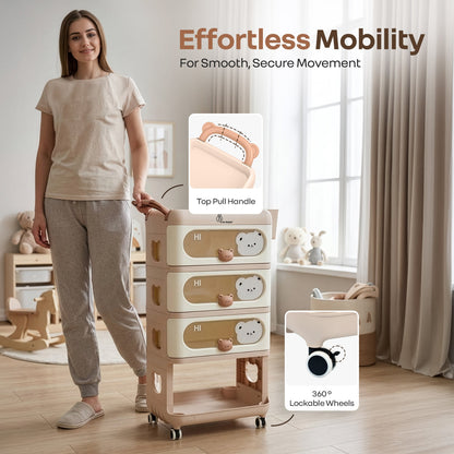 Kiddo Korner Bear Baby Storage Organizer with 3 Drawers, Open Storage, 360° Wheels & Detachable Basket - Brown Cream