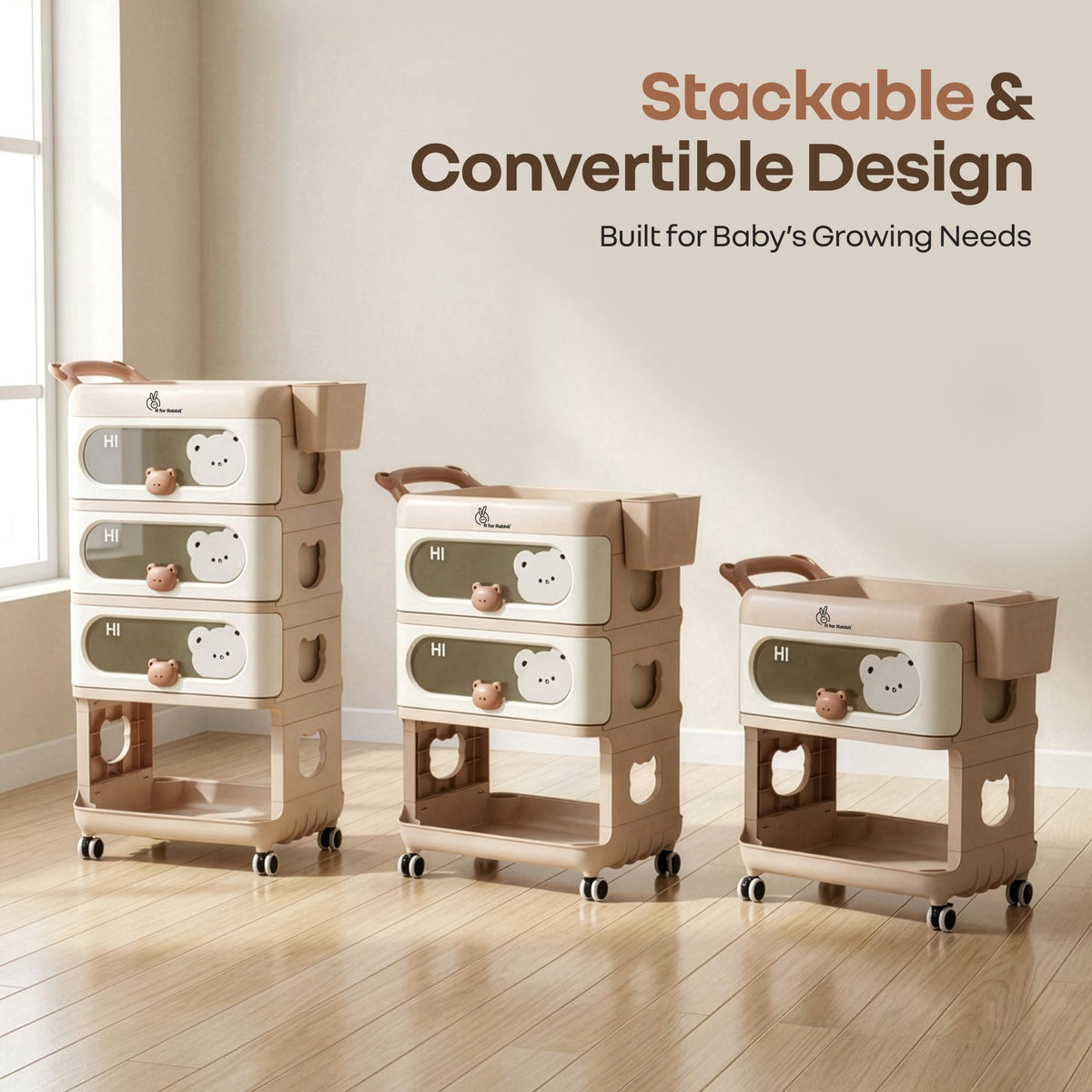 Kiddo Korner Bear Baby Storage Organizer with 3 Drawers, Open Storage, 360° Wheels & Detachable Basket - Brown Cream