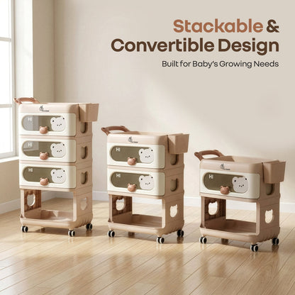 Kiddo Korner Bear Baby Storage Organizer with 3 Drawers, Open Storage, 360° Wheels & Detachable Basket - Brown Cream