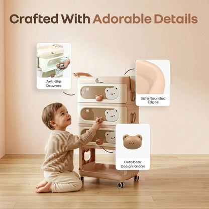 Kiddo Korner Bear Baby Storage Organizer with 3 Drawers, Open Storage, 360° Wheels & Detachable Basket - Brown Cream