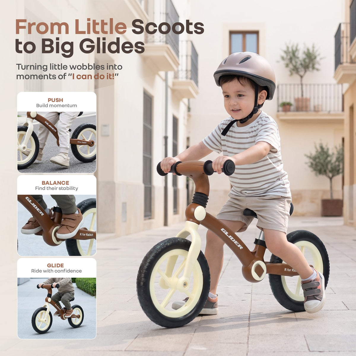 Glider Balance Bike for Kids with Adjustable PU Cushioned Seat, Puncture Proof EVA Wheels & Soft TPE Handles - Brown Cream