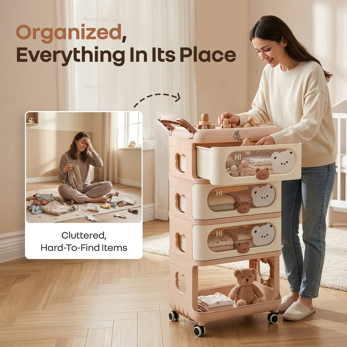 Kiddo Korner Bear Baby Storage Organizer with 3 Drawers, Open Storage, 360° Wheels & Detachable Basket - Brown Cream