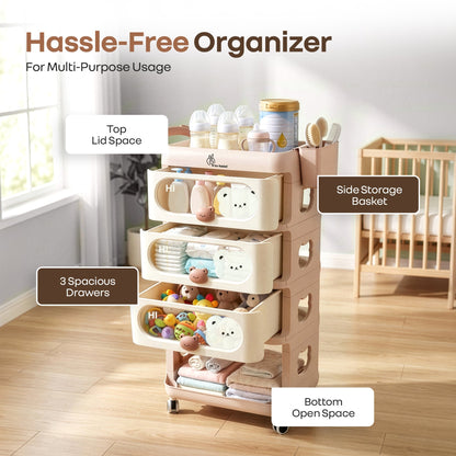 Kiddo Korner Bear Baby Storage Organizer with 3 Drawers, Open Storage, 360° Wheels & Detachable Basket - Brown Cream