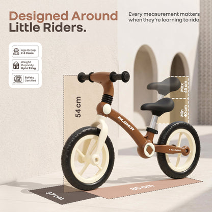 Glider Balance Bike for Kids with Adjustable PU Cushioned Seat, Puncture Proof EVA Wheels & Soft TPE Handles - Brown Cream